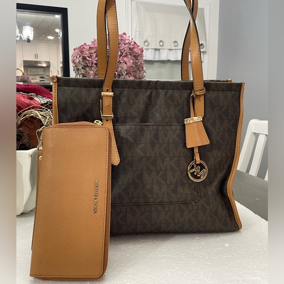 Michael Kors Dark Brown and Tan Tote with Wallet